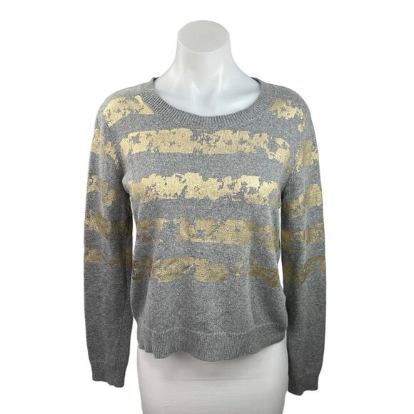 Rachel Roy Gray Gold Cashmere Metallic Striped Crew Neck Pullover Sweater Top S - Picture 1 of 4